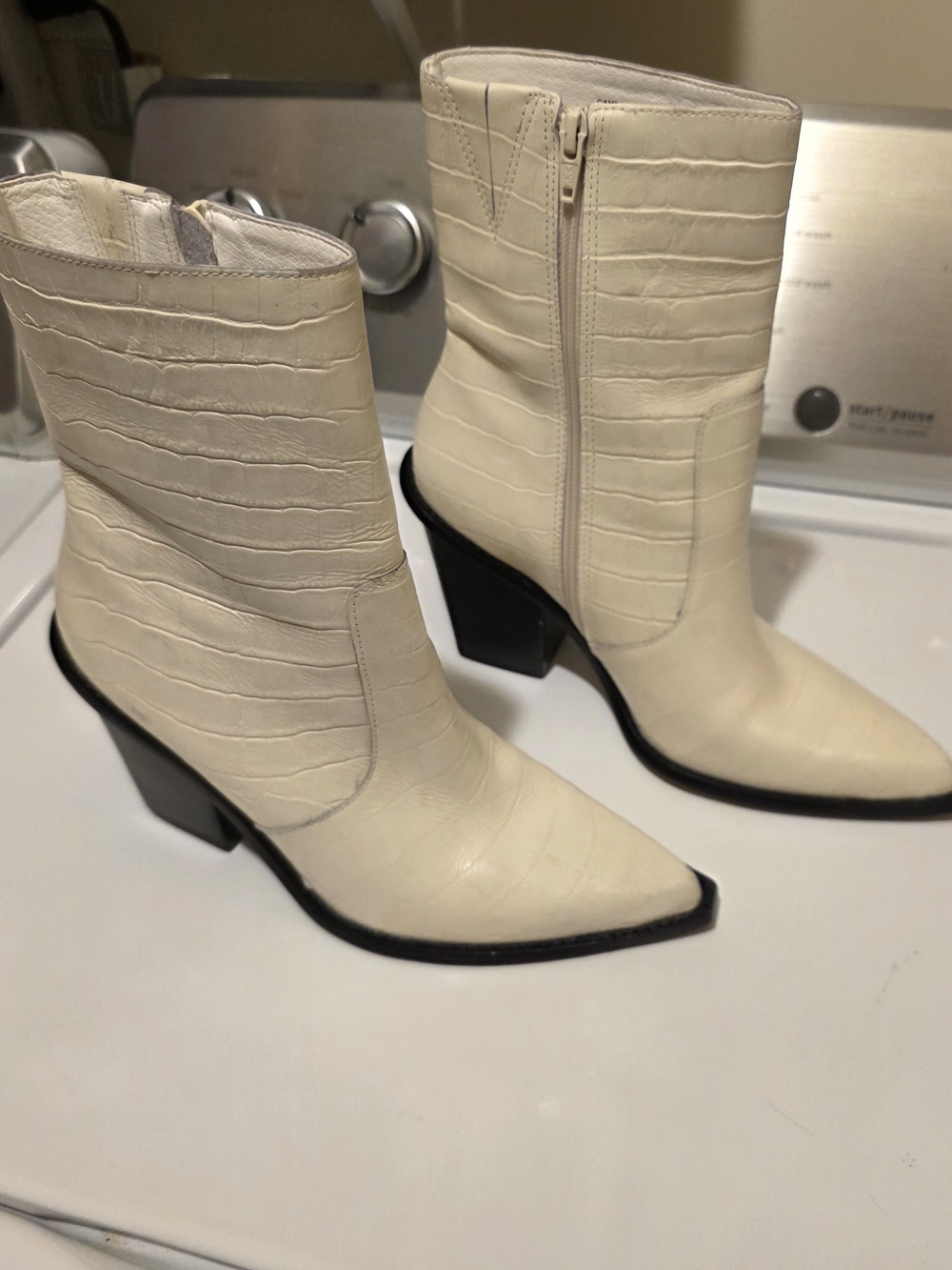 Matisse Caty Cream Croc-Embossed Pointed Toe Ankle Booties